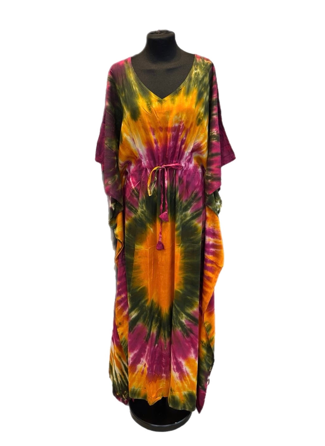 (117) Tie dye long butterfly kaftan dress viscose belted one size