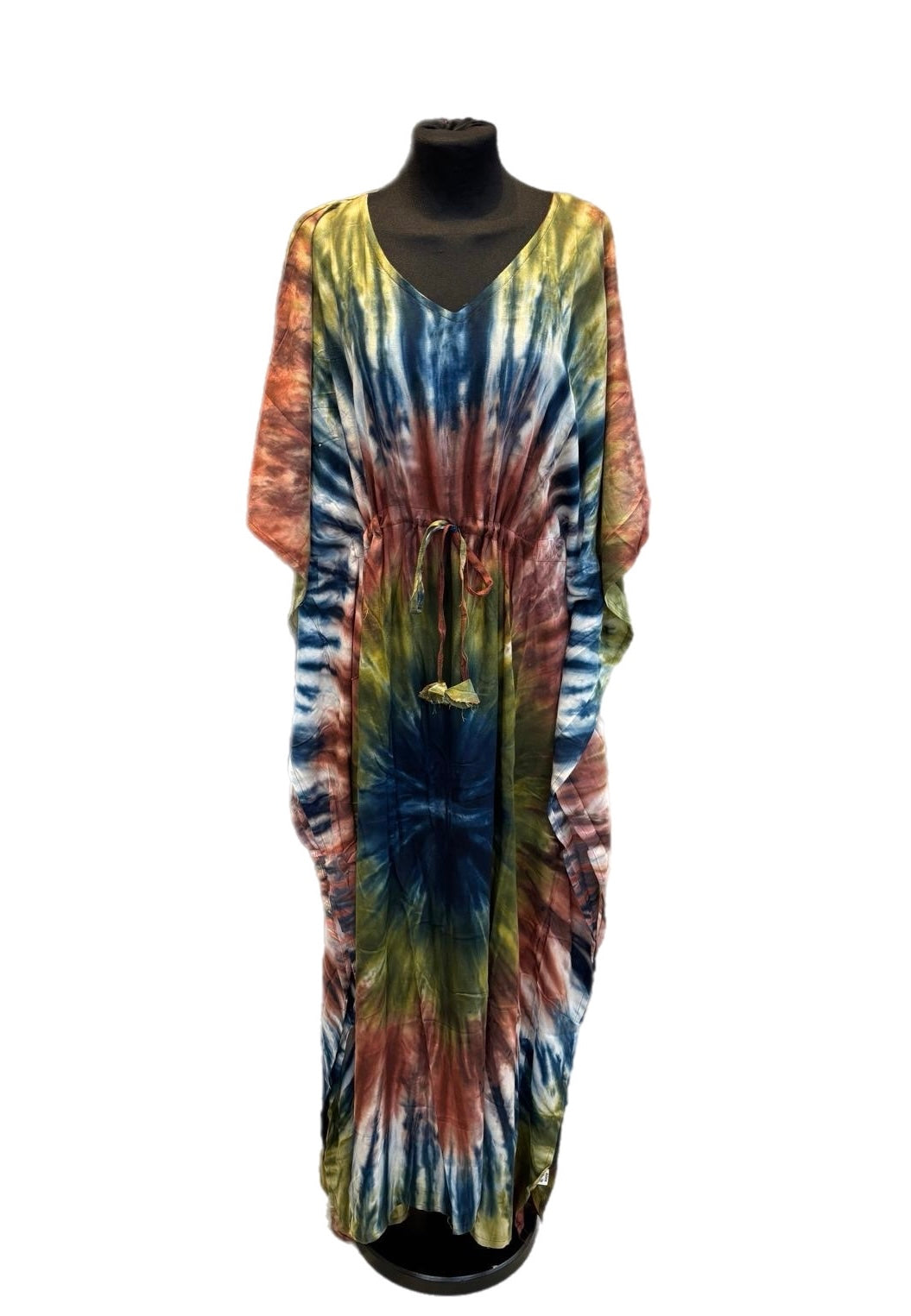(107) Tie dye long butterfly kaftan dress viscose belted one size