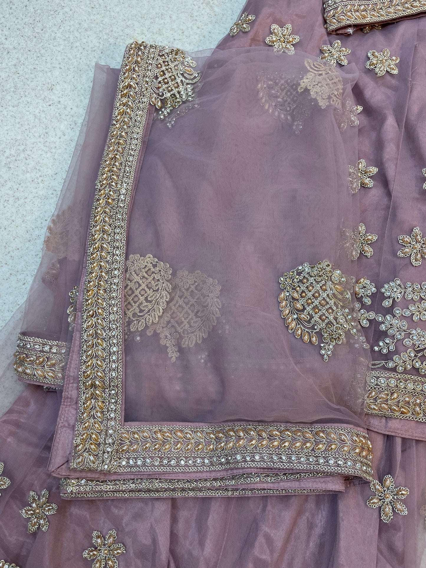 (143) Indian Mauve Sharara Suit - Heavy Diamante Embroidered Umbrella Dress