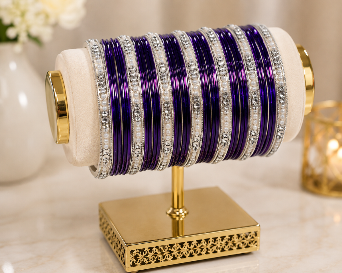 (B14) Elegant deep purple bangle set featuring glossy slim bangles beautifully paired with sparkling silver crystal detailing