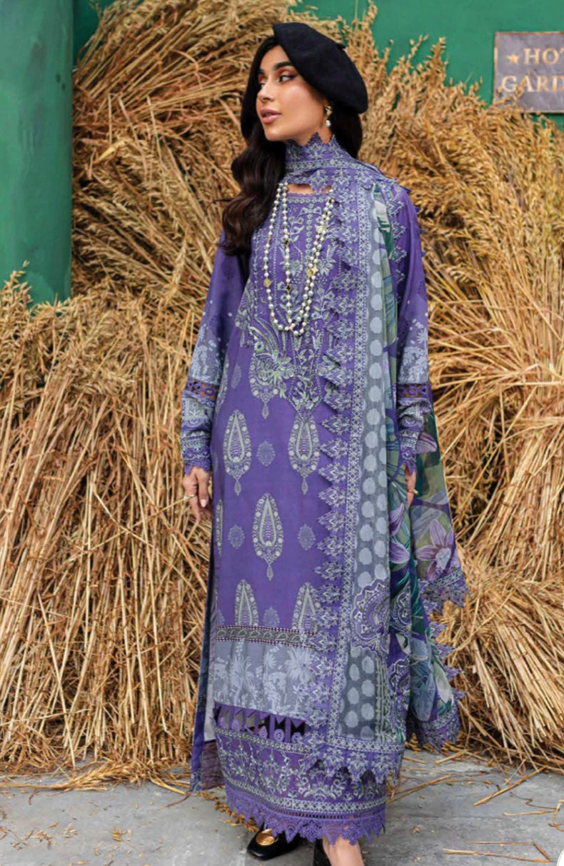 (150) Elegant Original Nureh Gardenia Printed Slub Linen Suit with Chiffon Dupatta
