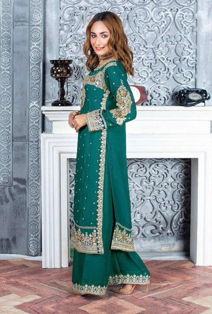 (73) Crinkle Chiffon Palazzo Suit – Embroidered Elegance with Chiffon Dupatta | Ready-to-Wear