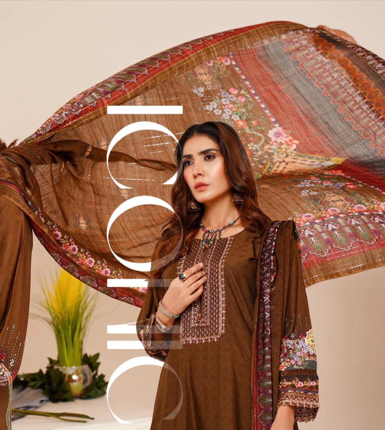 (240) Linen Pakistani Elegantly Embroidered Three-Piece Ready Made Suit