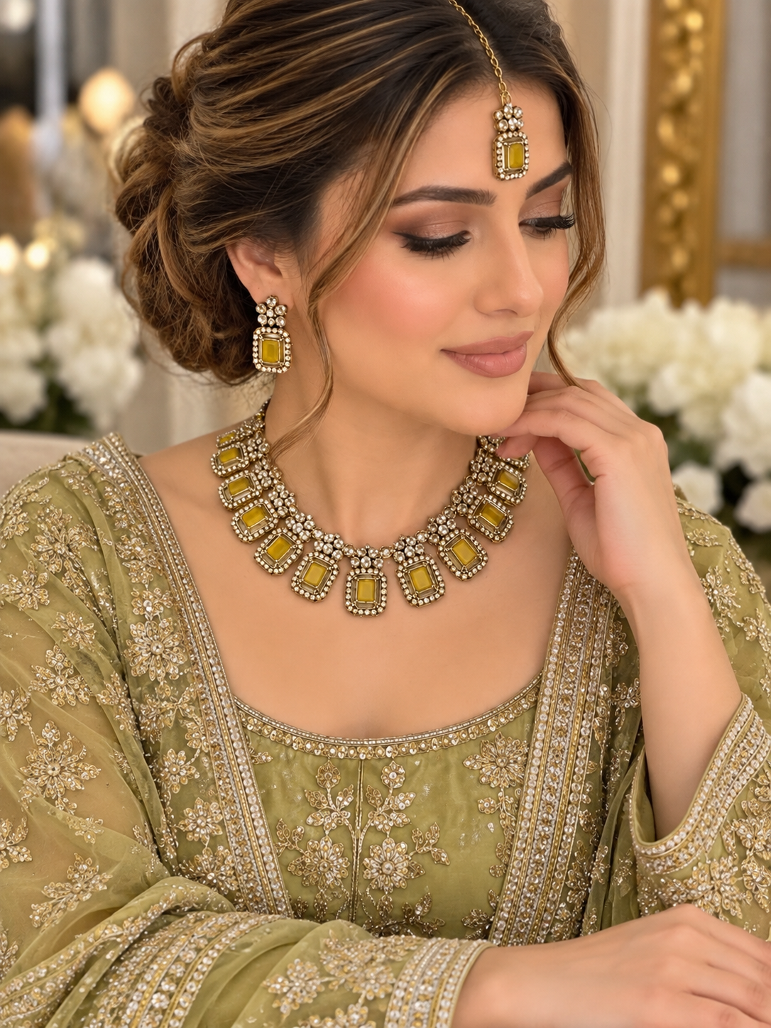 (J3) Elegant gold-toned jewellery set with mustard stones and sparkling crystals, complete with necklace, earrings and tikka