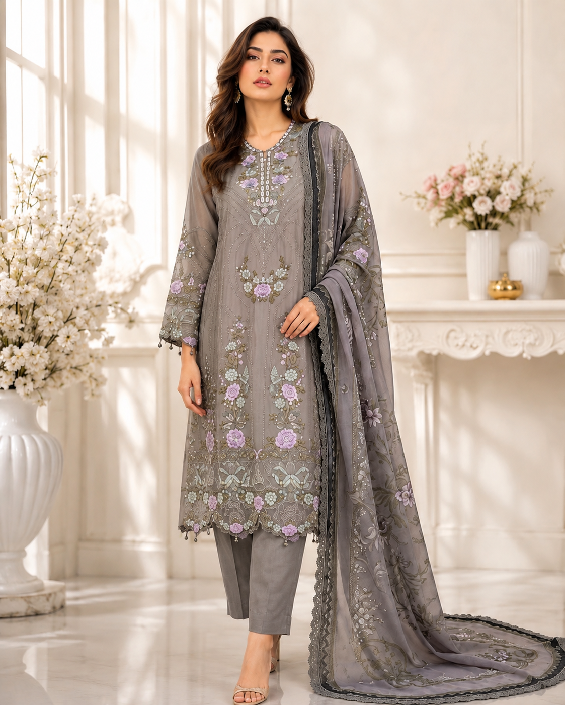 (122) Maria b chiffons inspired lace beaded diamonte neck floral chiffon kameez chiffon duppatta ready to wear