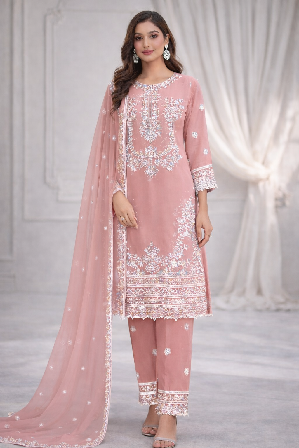 (100) Pakistani Pink Peach Chiffon Embroidered Outfit with Diamonte Detailing Chiffon Dupatta and Straight Trousers Ready to Wear