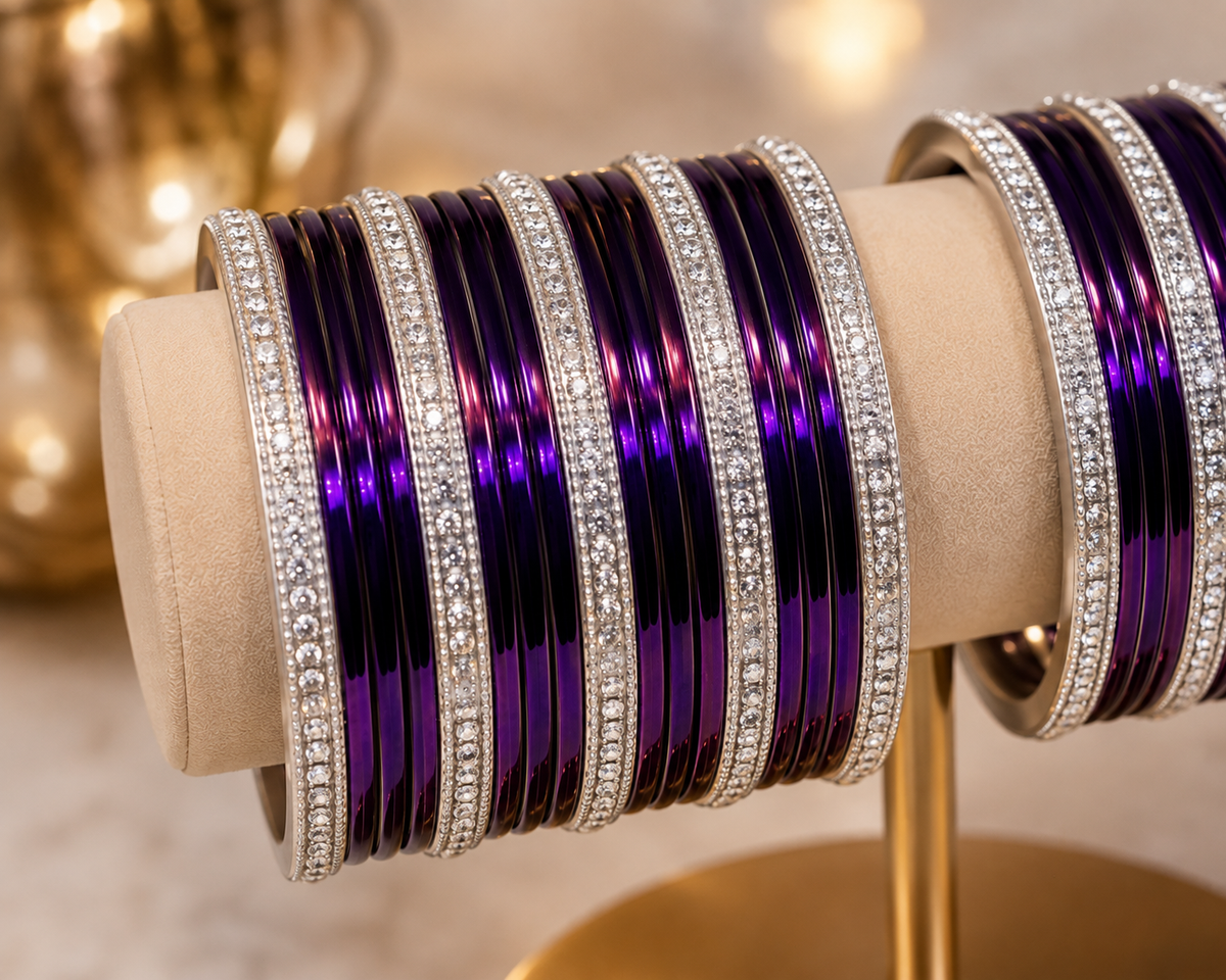 (B12) Elegant deep purple bangle set featuring glossy metallic bangles beautifully paired with sparkling silver diamanté detailing size 2.4