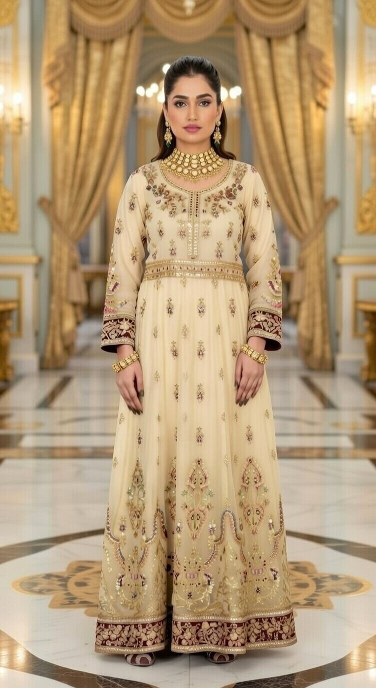 (107) Elegant Pakistani beige Crinkle Chiffon Long anarkali 3-Piece Suit with Gold Diamante Accents and Fine Gold Thread Embroidery