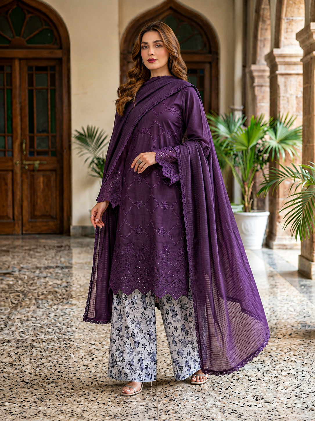 (223) Chikankari Embroidered Lawn Suit with Matching Dupatta & Palazzo Trousers – Perfect Comfy Summer Wear