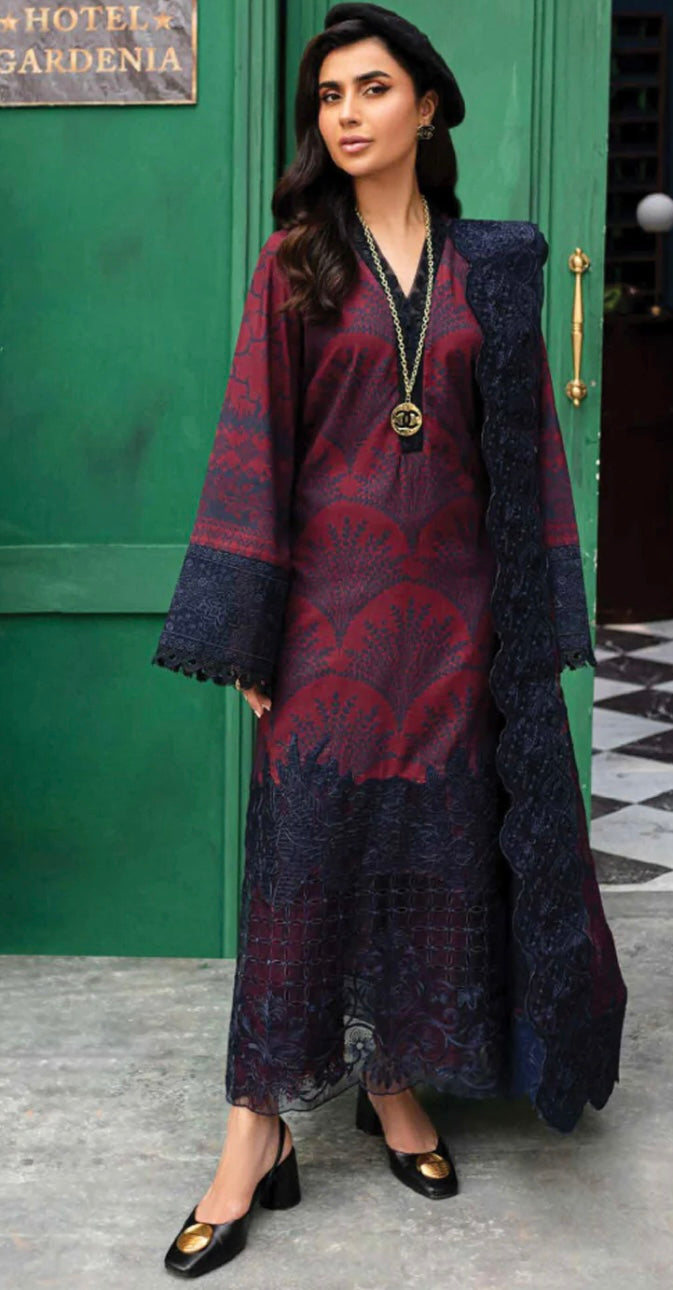 (156) Elegant Original Nureh Gardenia Printed Slub Linen Suit with Chiffon Dupatta