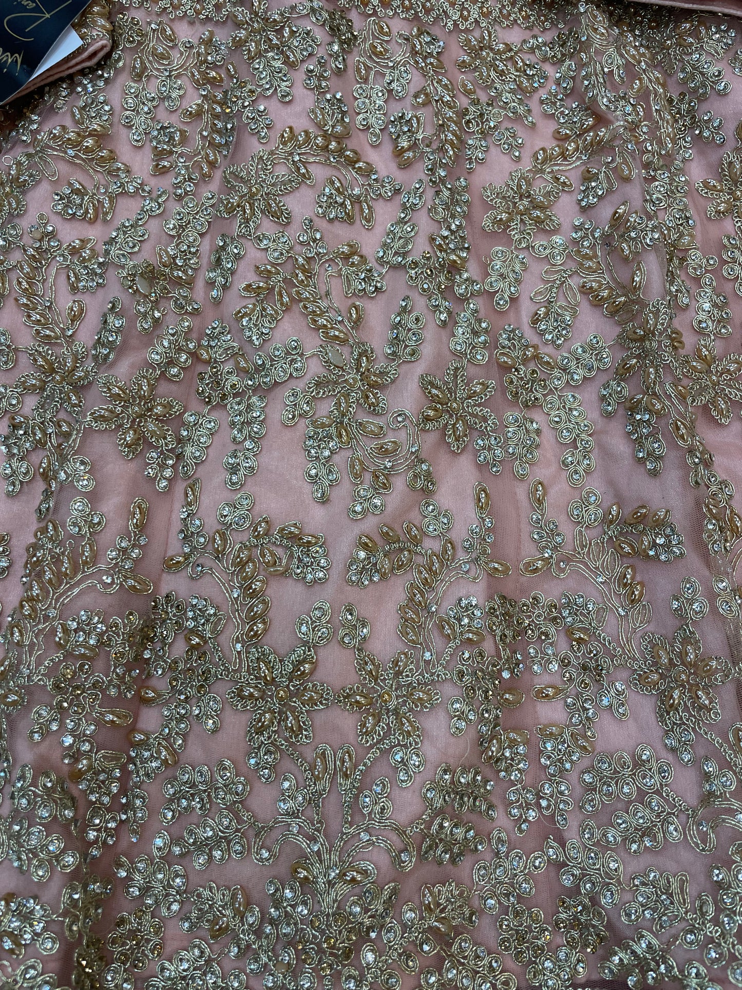 (155) Indian Peach Sharara Suit - Diamante Embroidered Umbrella Dress