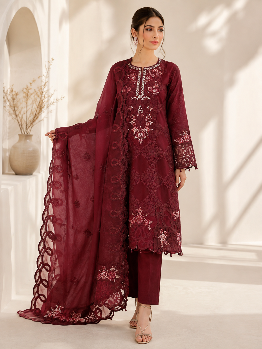 (137) Maria b chiffons inspired lace beaded diamonte neck floral chiffon kameez chiffon duppatta ready to wear