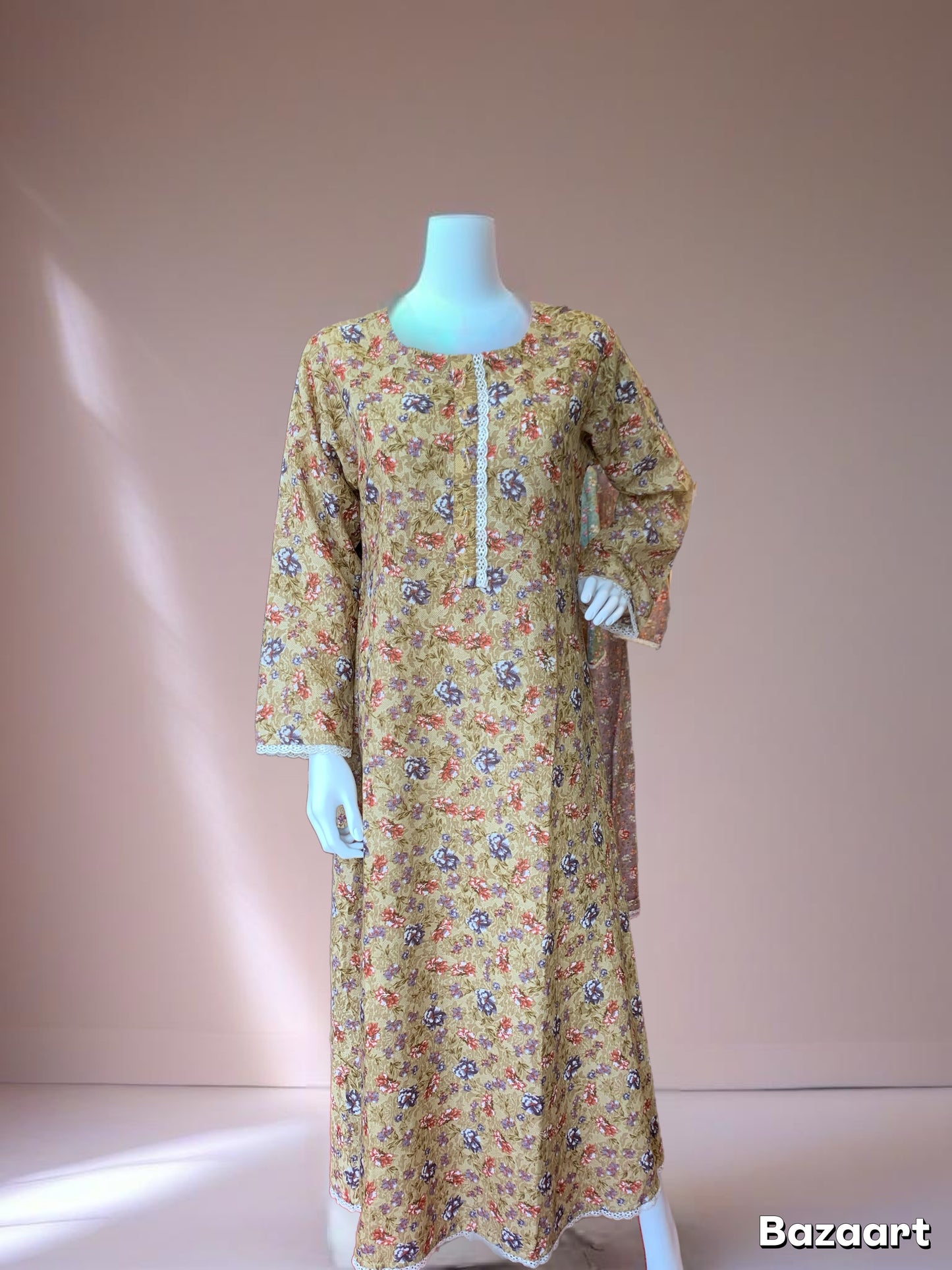 (265) Badal Summer Flared Printed Dress | One Size with Elegant Lace Trim