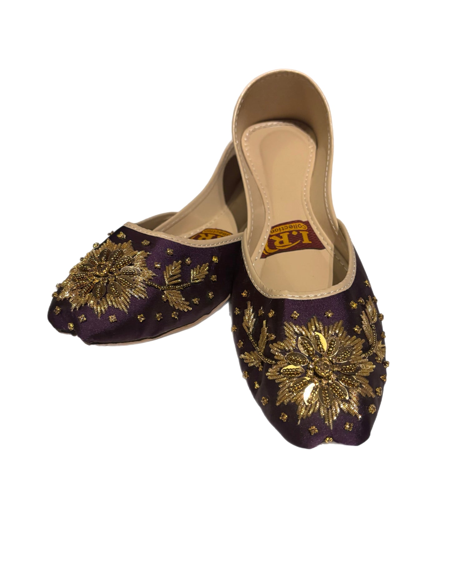 S5) hand made satin purple Khussa gold embroidered soft foam non slip Punjabi jutti