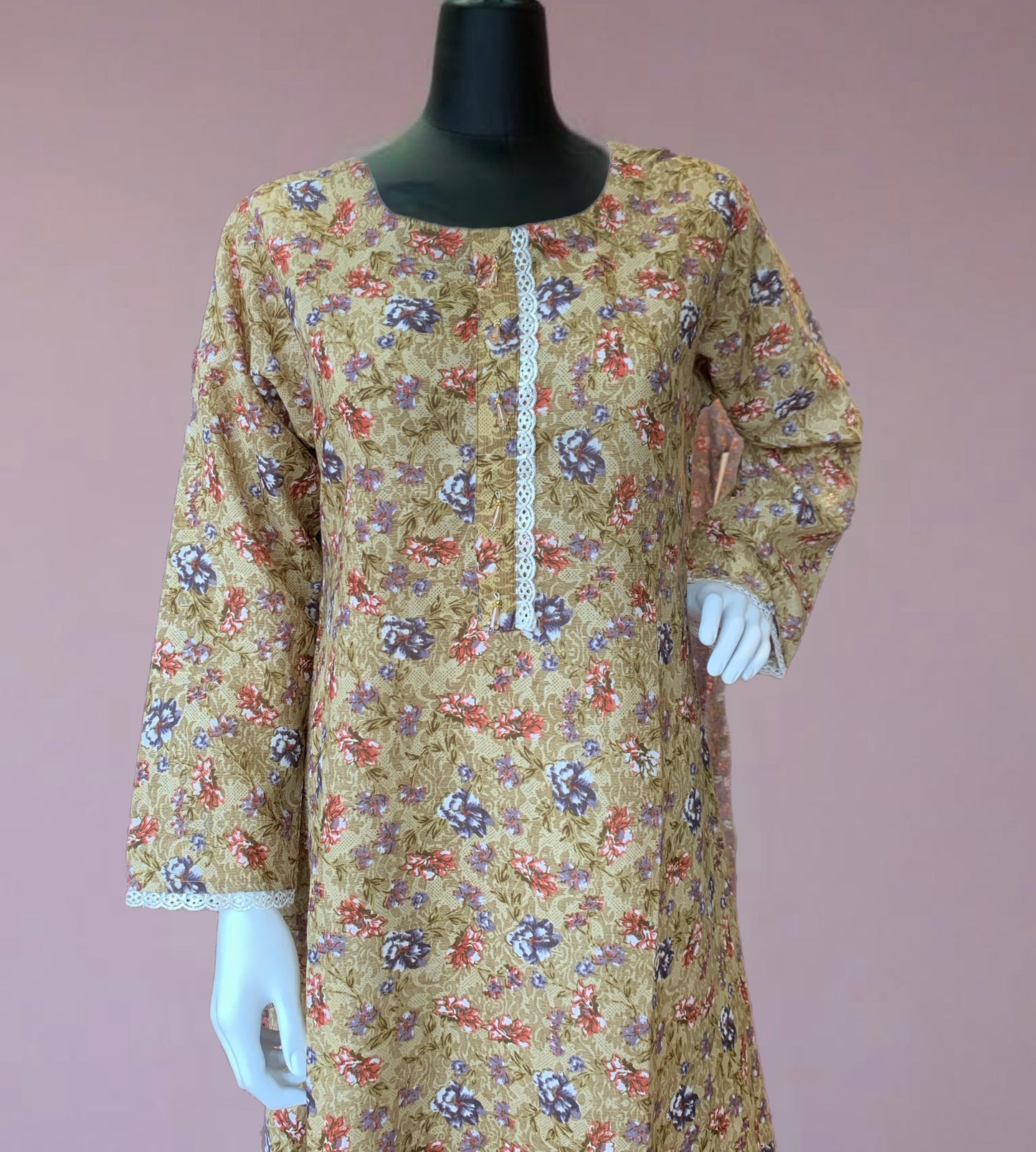 (265) Badal Summer Flared Printed Dress | One Size with Elegant Lace Trim