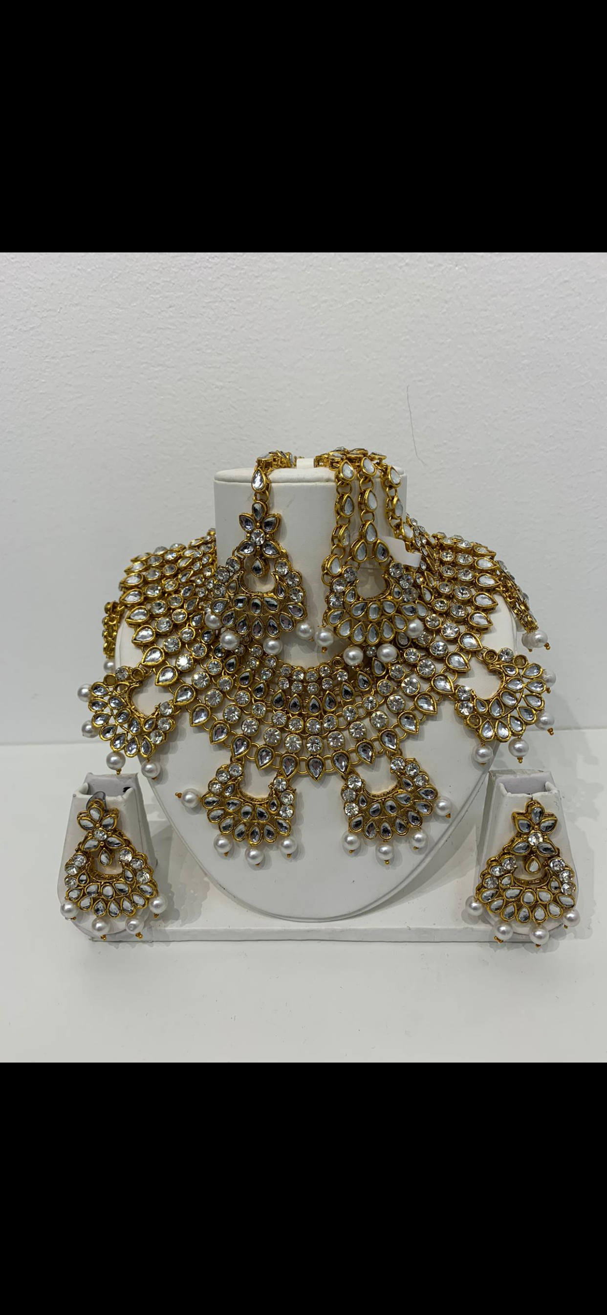 Pakistani gold diamonte pearl stone jewelry set