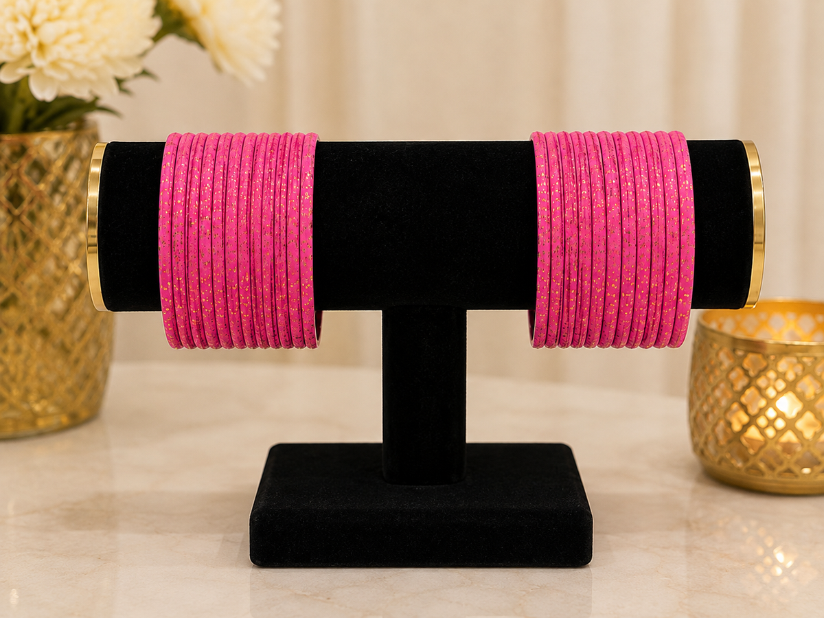 (B18) Vibrant hot pink bangle set with delicate gold shimmer detailing. Simple, elegant and perfect for adding a pop of colour to everyday outfits size 2.4