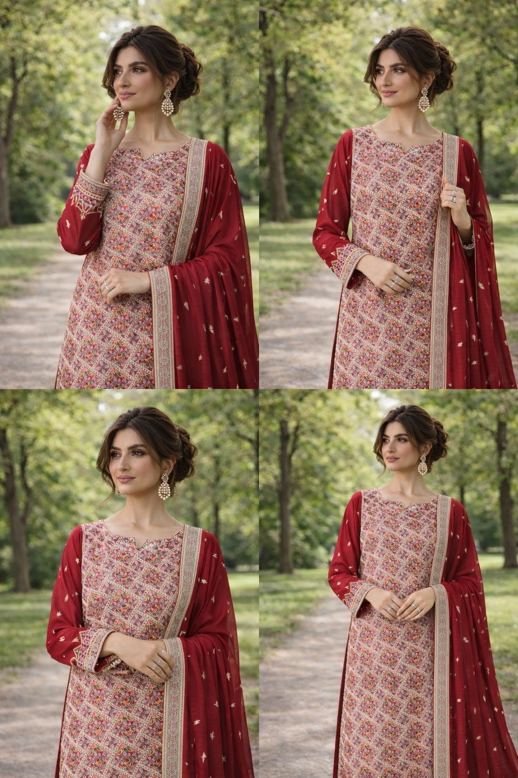 (360) Elegant red fancy zari lawn suit, ready-to-wear, beautifully crafted with intricate detailing and paired with a four-sided (chaar patti) richly embroidered dupatta for a complete graceful look.