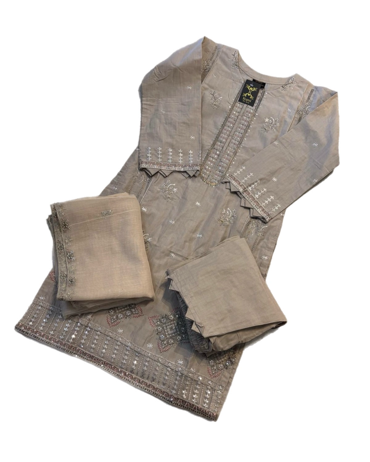 (324) Pakistani Soft Cotton Khaddar Embroidered Suit | Ready-to-Wear with Organza Embroidered Dupatta