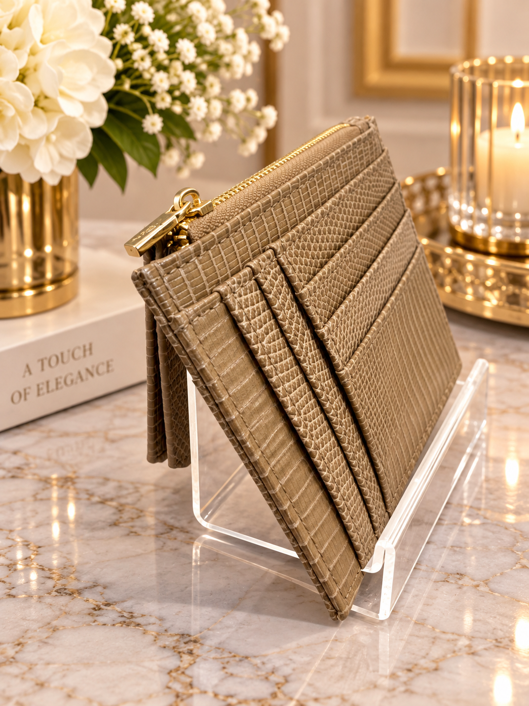 (355) Elegant textured card holder purse with multiple card slots, secure zip compartment and stylish gold detailing. Compact, practical and perfect for everyday use