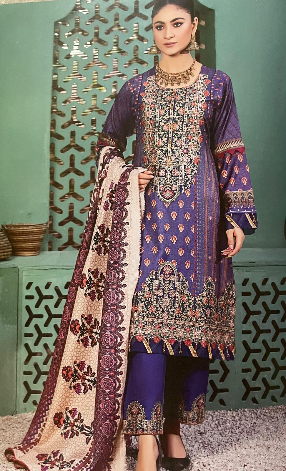 (28) Munira Pakistani Dhanak Winter Three-Piece Pashmina Suit & Printed Shawl
