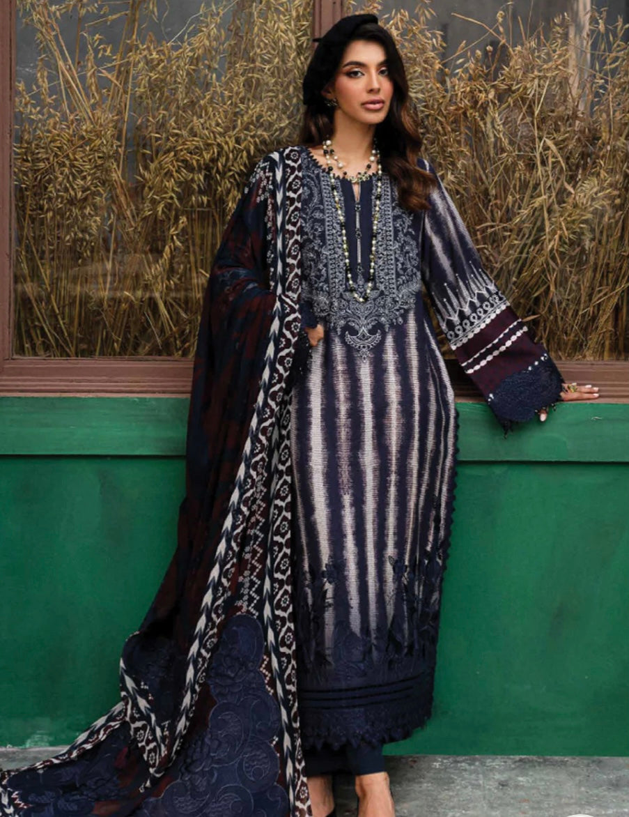 (165) Elegant Original Nureh Gardenia Printed Slub Linen Suit with Chiffon Dupatta