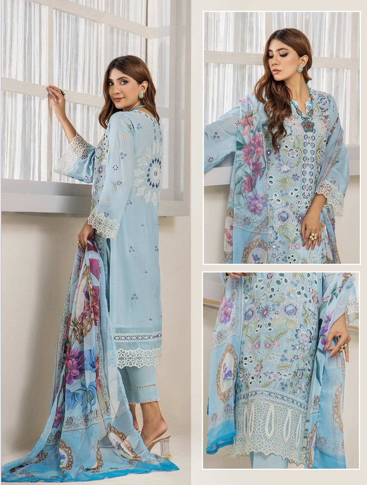 (295) Mayra Wisteria Elegance – Ready-to-Wear Lawn Shirt with Cotton Trousers & Printed Chiffon Dupatta