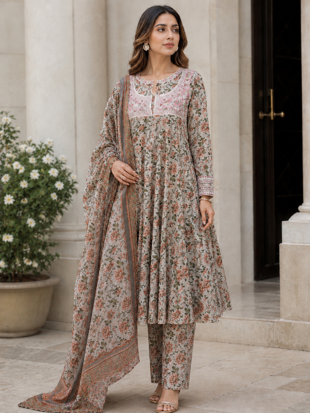 (88) Floral anarkali jacket style flowing dress sequin lace embroidered chiffon duppatta ready to wear