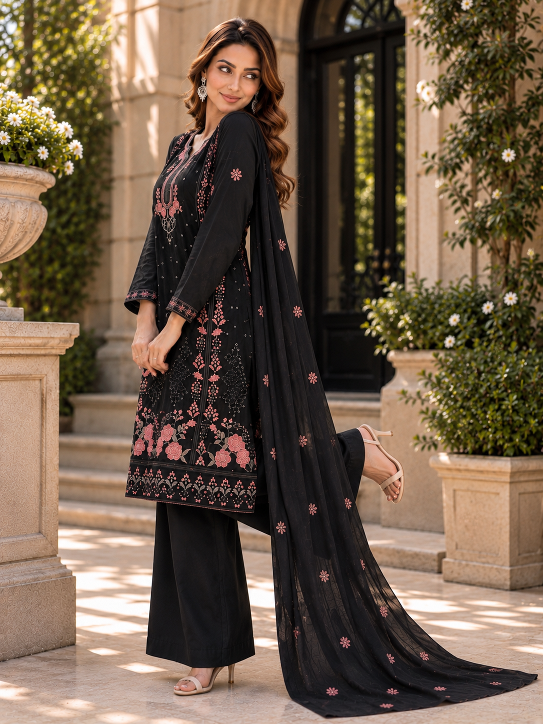 (358) Abeeha black suit features a soft, comfortable viscose kameez beautifully finished with delicate floral embroidery. Paired with coordinating trousers and a stunning lightweight Bamber dupatta, it’s the perfect