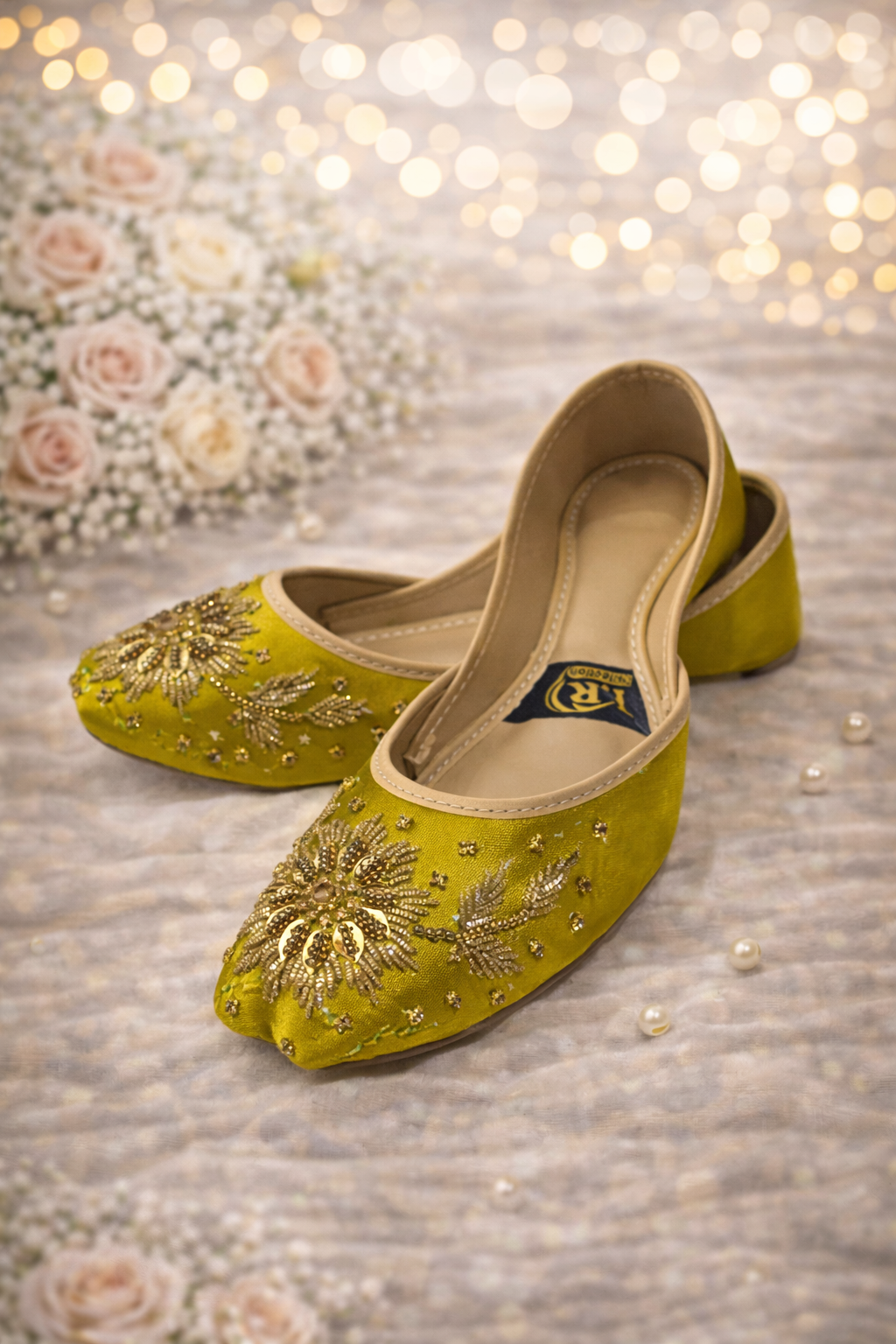 (S7) Handmade Satin Khusa – Gold Embroidered Punjabi Jutti with Soft Foam Comfort