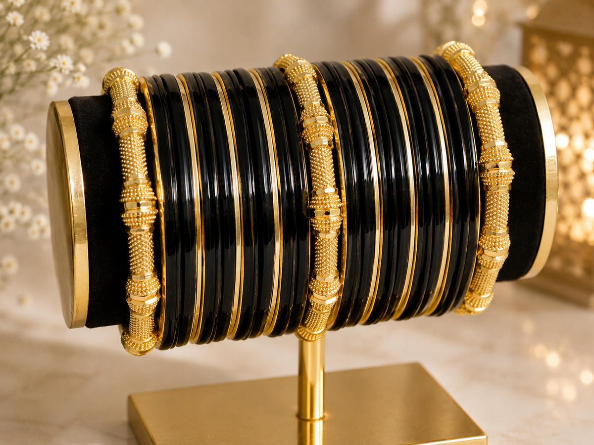 (B24) A stunning combination of glossy black bangles with delicate gold detailing and beautifully textured statement pieces. Elegant, timeless and perfect traditional outfits size 2.6