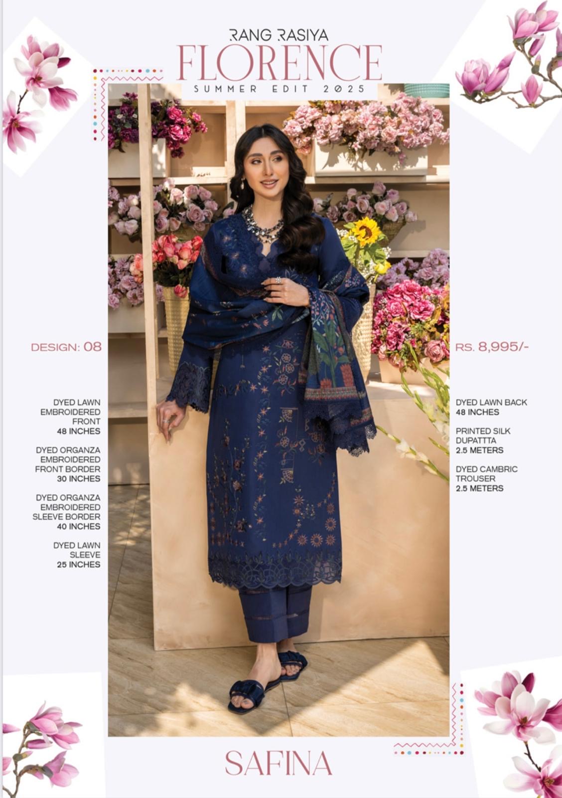 (128) Rang Rasiya Shireen Florence Summer Edit 2025 – Ready-to-Wear Lawn Suit with Printed Silk Dupatta