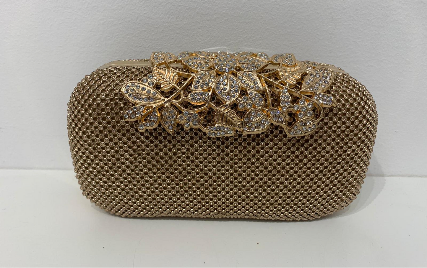 (233) Rose Gold Clutch Bag with Clasp Opening & Long Chain