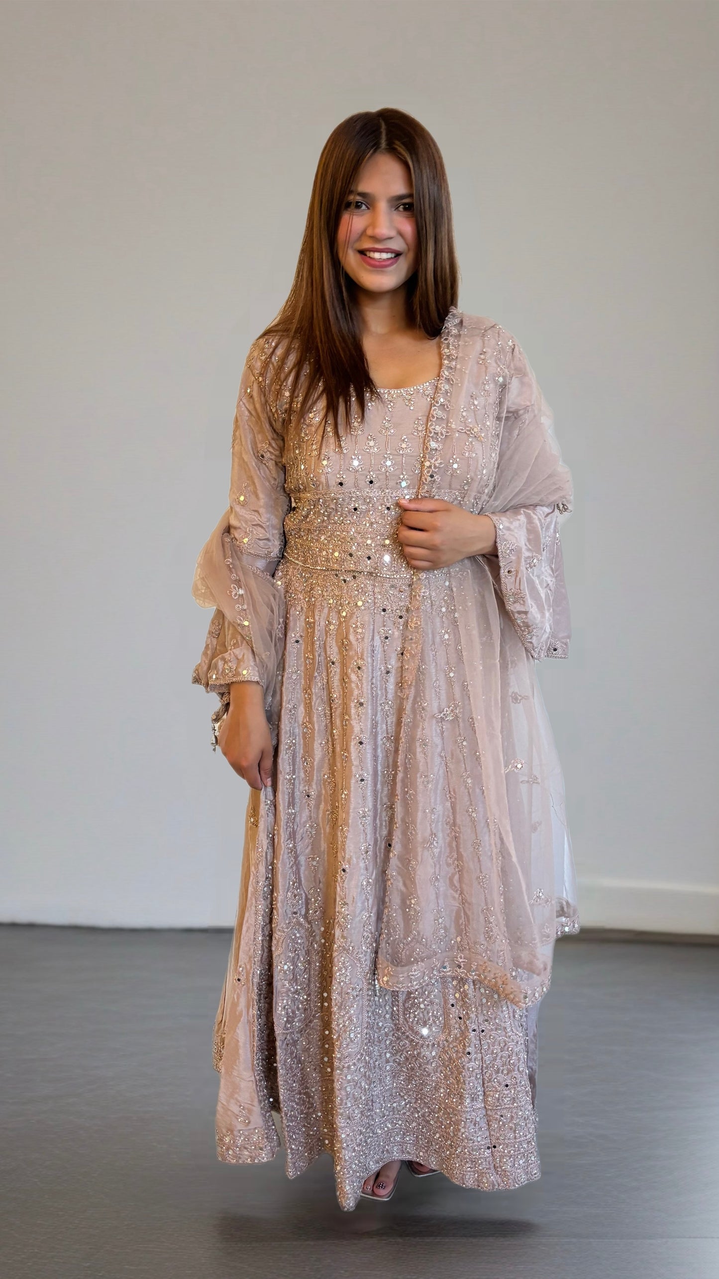 (62) Elegant Indian Embroidered Mirror Work Flared Frock – Three-Piece Wedding Party Ensemble | Ready to Wear