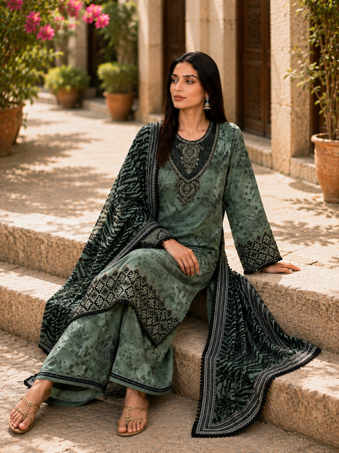Elegant Lawn lace sequin printed embroidered three peice suit ready to wear