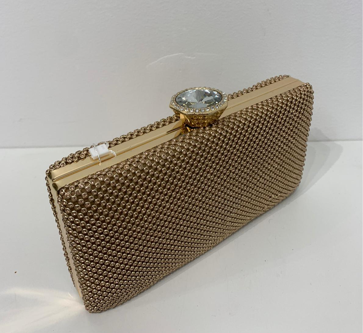 (220) Gold Clutch Bag with Clasp Opening & Long Chain