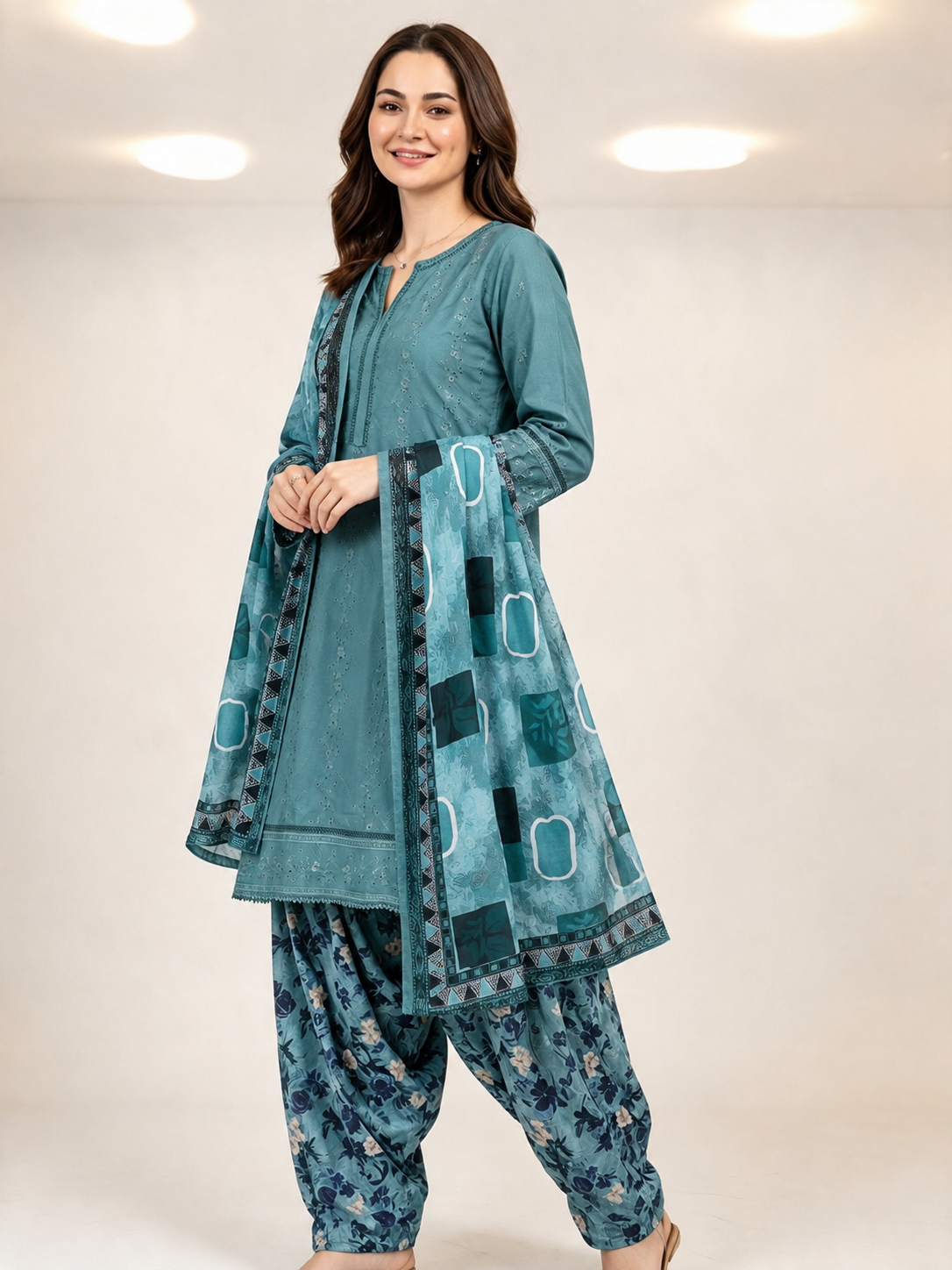 (80) Punjabi Patiala shalwar cotton sequin lace chickankari printed contrast ready to wear suit