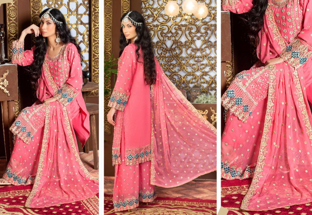 (6) Pakistani Ladies' Chiffon Suit with Stonework Embroidery & Palazzo Trousers