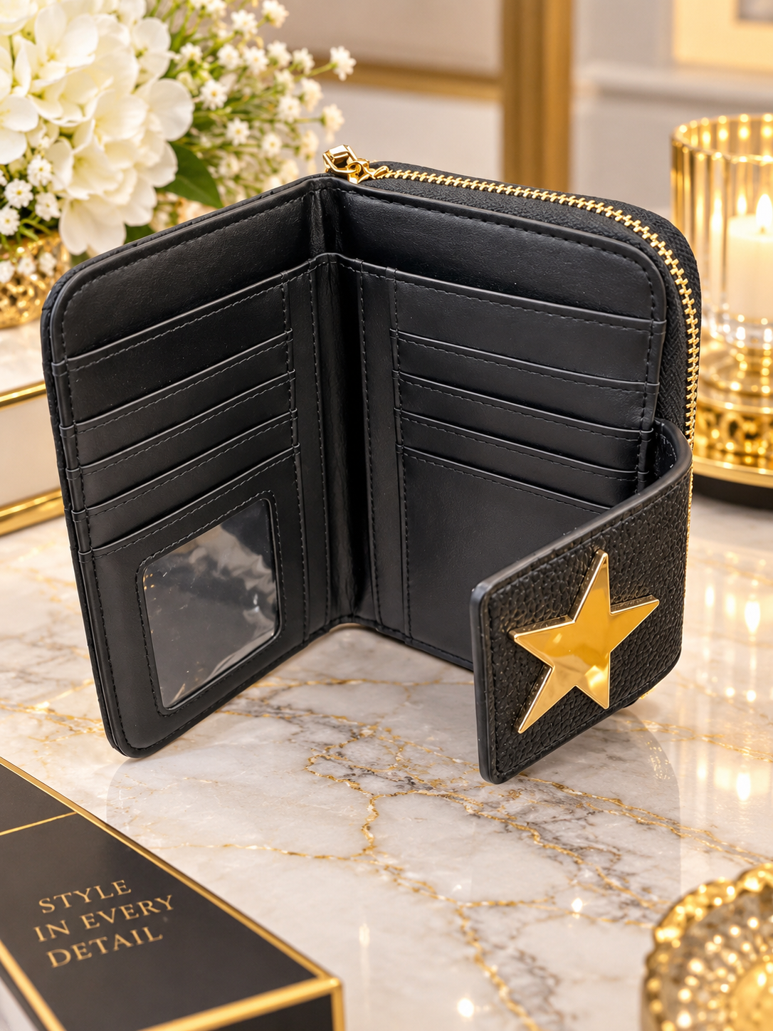 (353) Elegant black quilted purse featuring a statement gold star detail and matching gold ziip Stylish, compact and perfect for everyday use