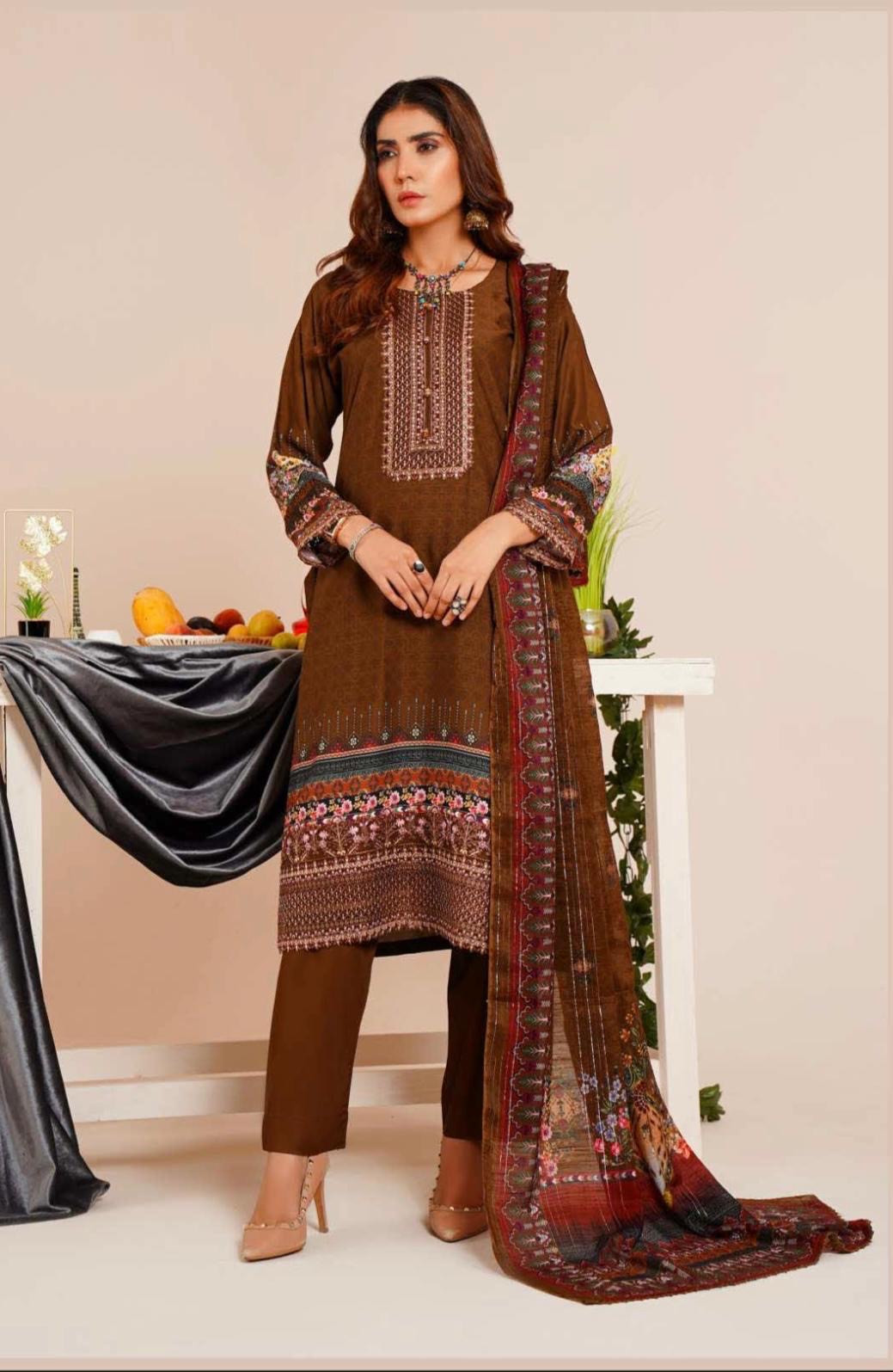 (240) Linen Pakistani Elegantly Embroidered Three-Piece Ready Made Suit