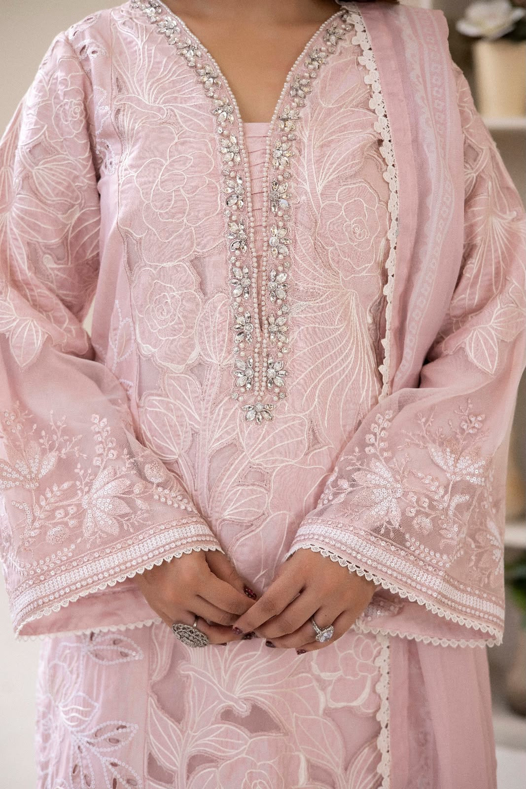 (177) Maria b inspired embroidered arabic lawn embellished pearl diamonte printed tissue silk dupatta ready to wear