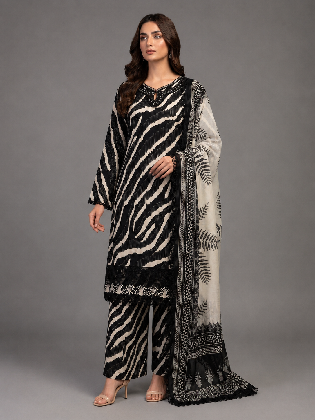 (227) Elegant black & beige zebra print lawn ready-to-wear suit with embroidered details, matching palazzo trousers & chiffon dupatta