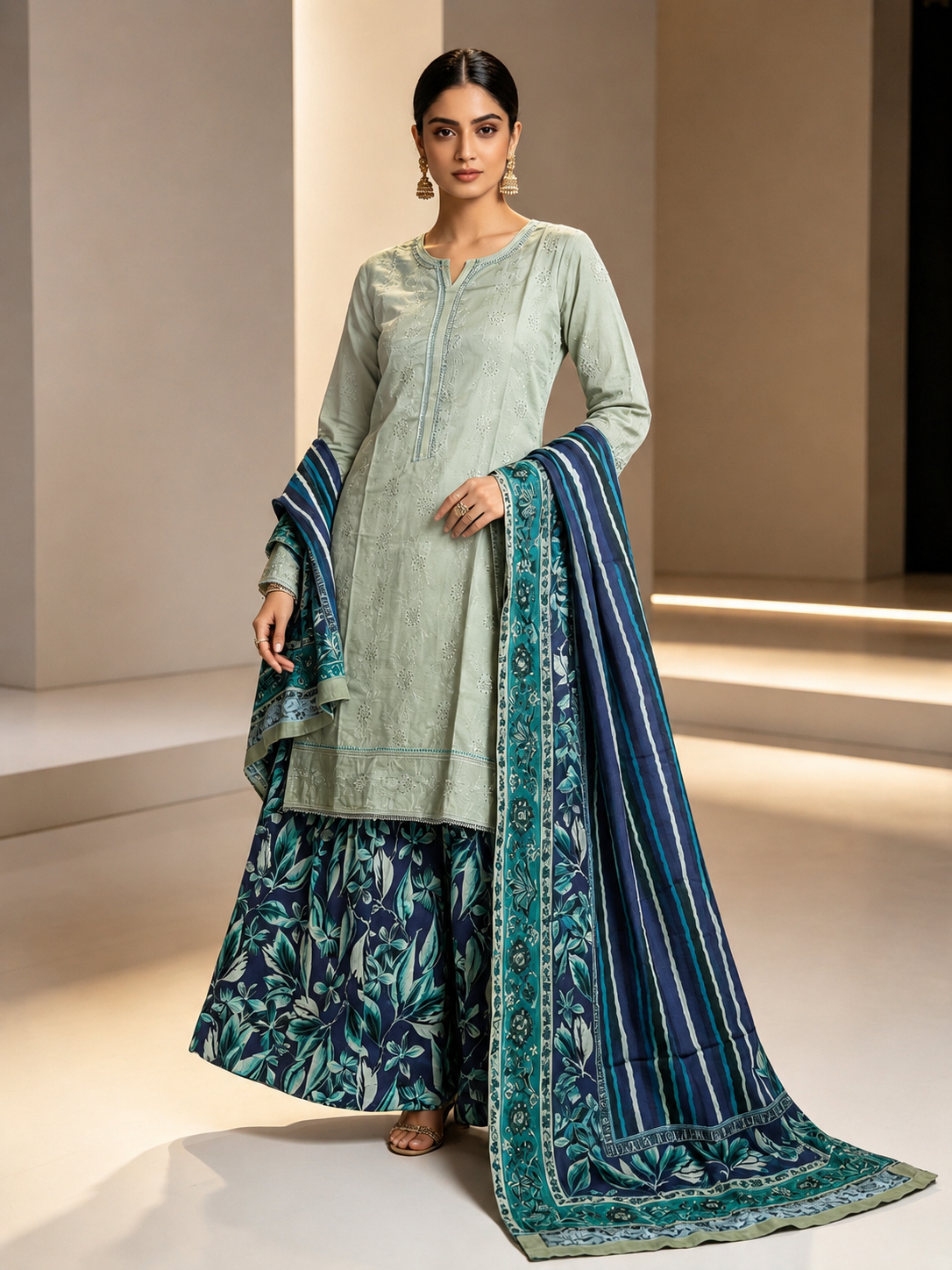 (84) Elegant contrast cotton chickankari sequin lace embroidered printed plazzo trousers ready to wear