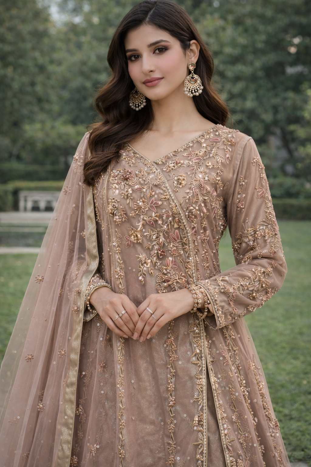 (216) Elegant Wedding Party 2 Piece Suit with Organza Dupatta & Hand Embroidery