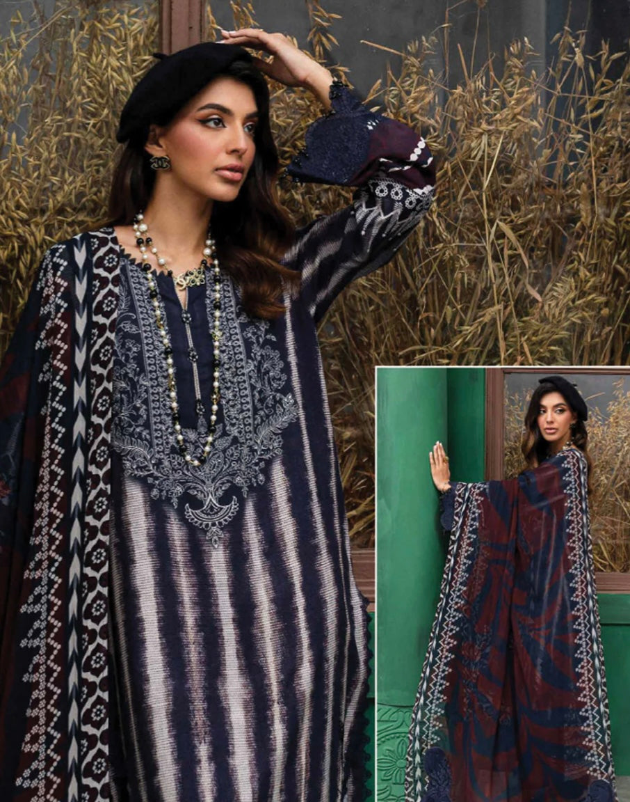(165) Elegant Original Nureh Gardenia Printed Slub Linen Suit with Chiffon Dupatta