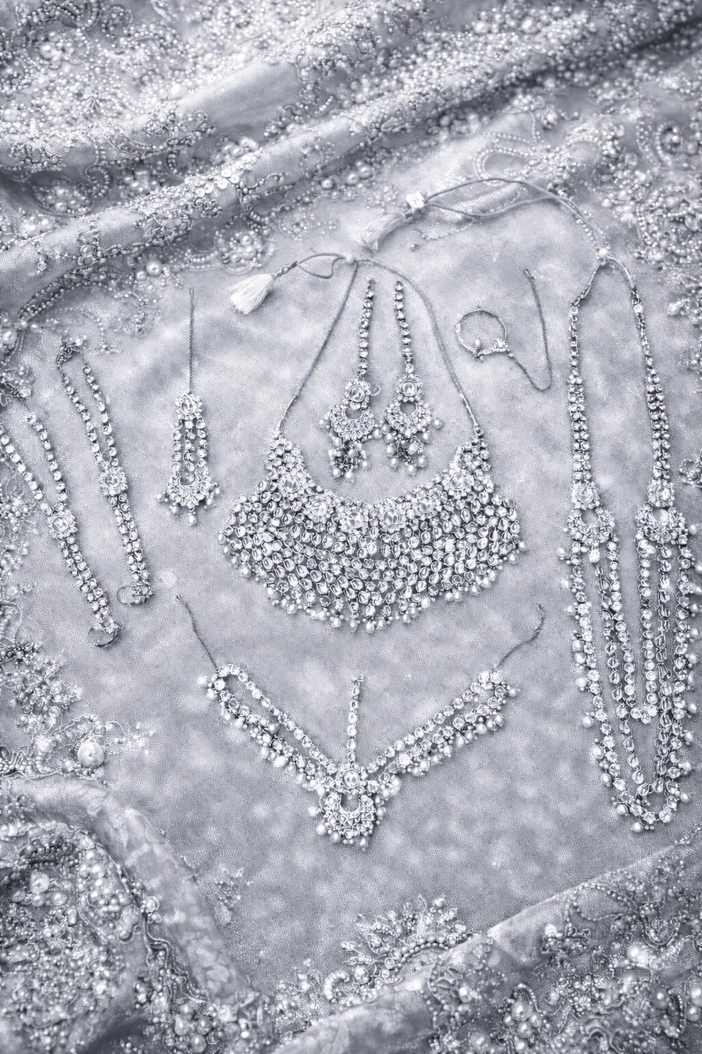 Pakistani stone work wedding party set nose ring hand jewelry long necklace and necklace tikka earrings matha patti