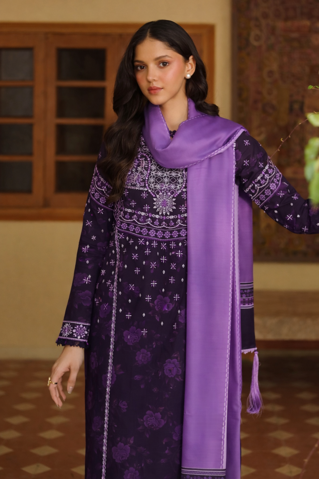 (194) Farasha meline powder plum digital printed premium viscose digital printed viscose twill shawl ready to wear