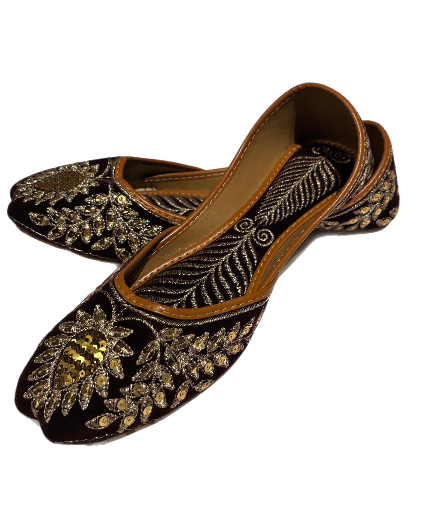 (S9) Handmade Suede Brown Khussa – Gold Embroidered Punjabi Jutti with Soft Foam & Non-Slip Sole