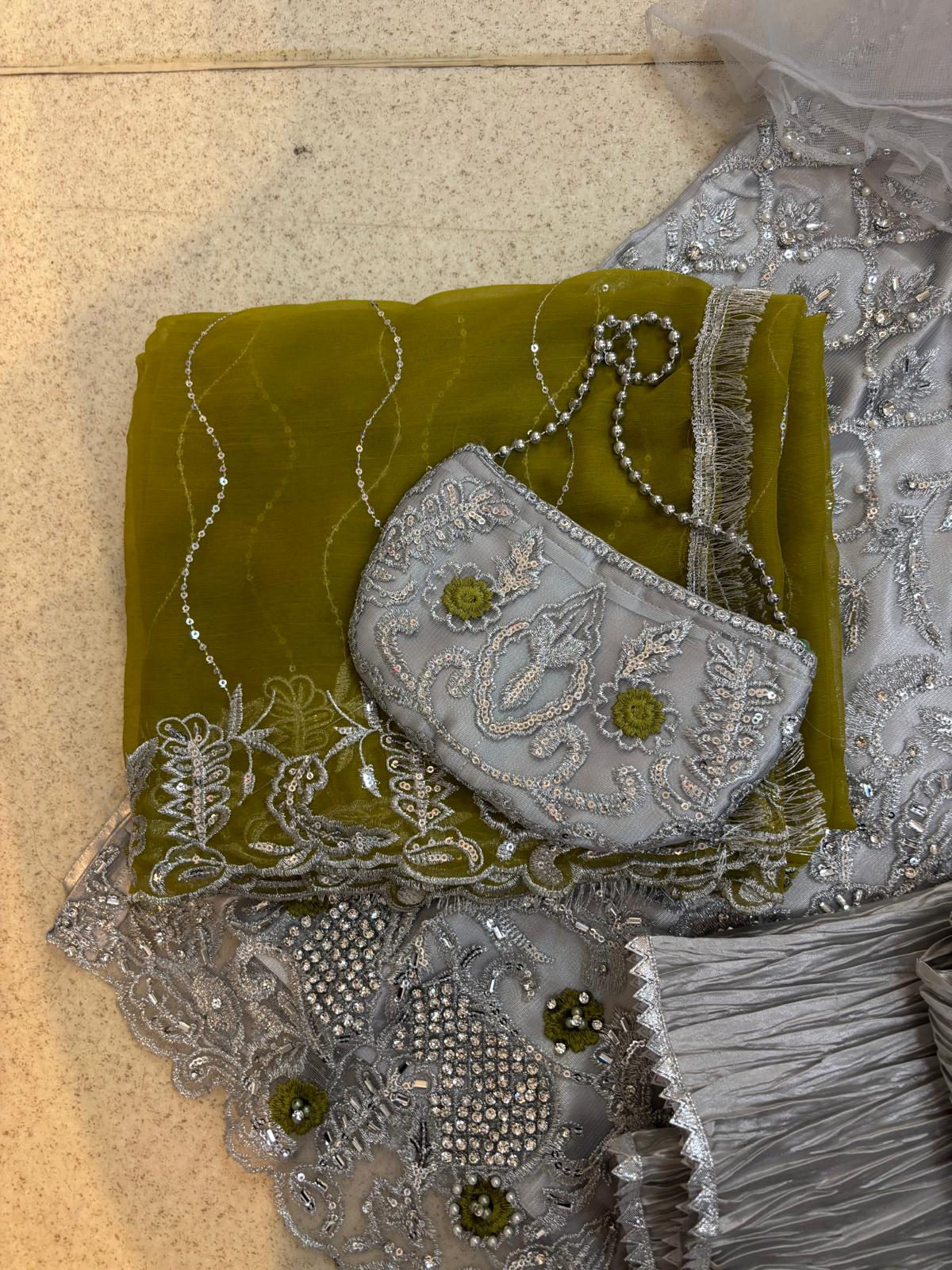 (30) Lime Green Satin Crinkle Palazzo Set | Diamanté & Sequin Embellished Shirt | One Size Fits Up to Large