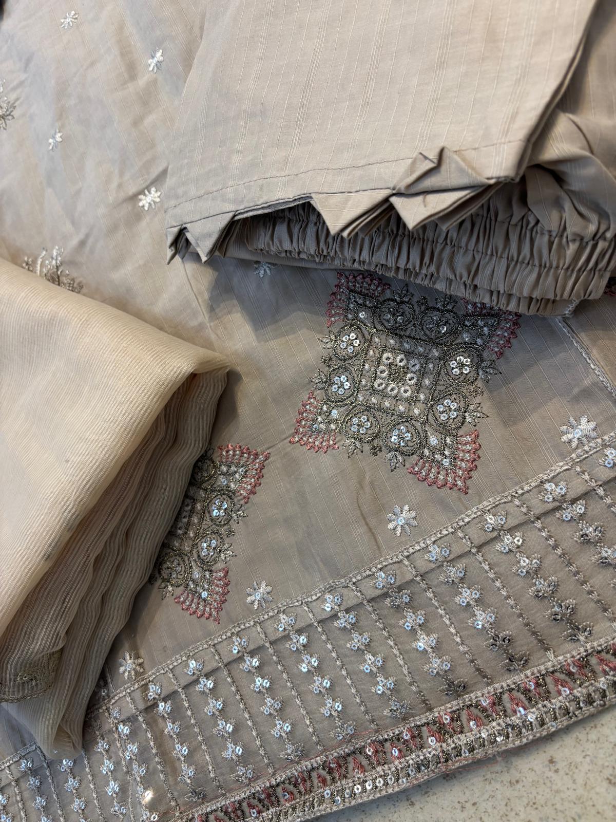 (324) Pakistani Soft Cotton Khaddar Embroidered Suit | Ready-to-Wear with Organza Embroidered Dupatta